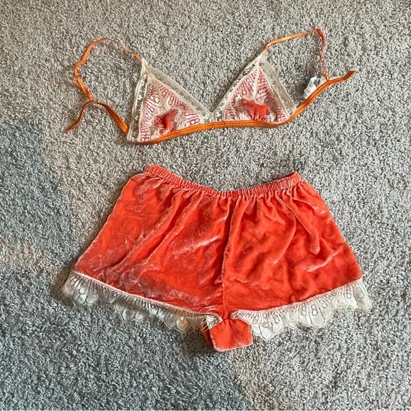 Sleeping with Jaques Julia Matching silk velvet lace lingerie set in peach - Picture 2 of 7